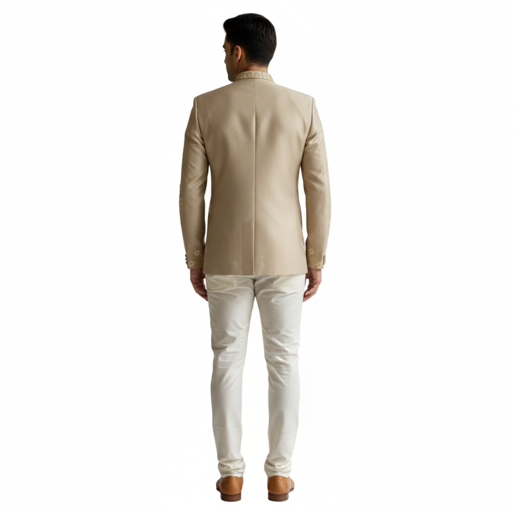 Bespoke Spring Meadow Indo-Western Bandhgala with Hand-Embroidered White Floral Vines — Beige