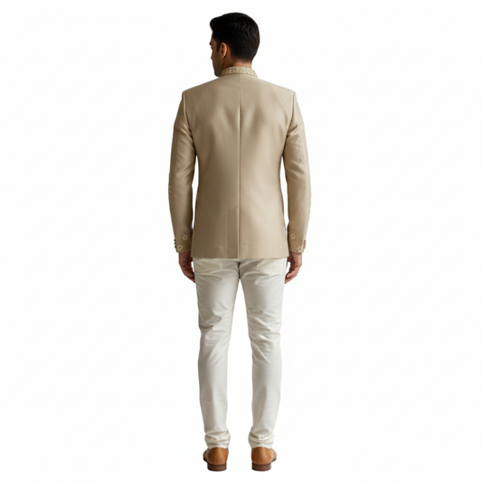 Bespoke Spring Meadow Indo-Western Bandhgala with Hand-Embroidered White Floral Vines — Beige