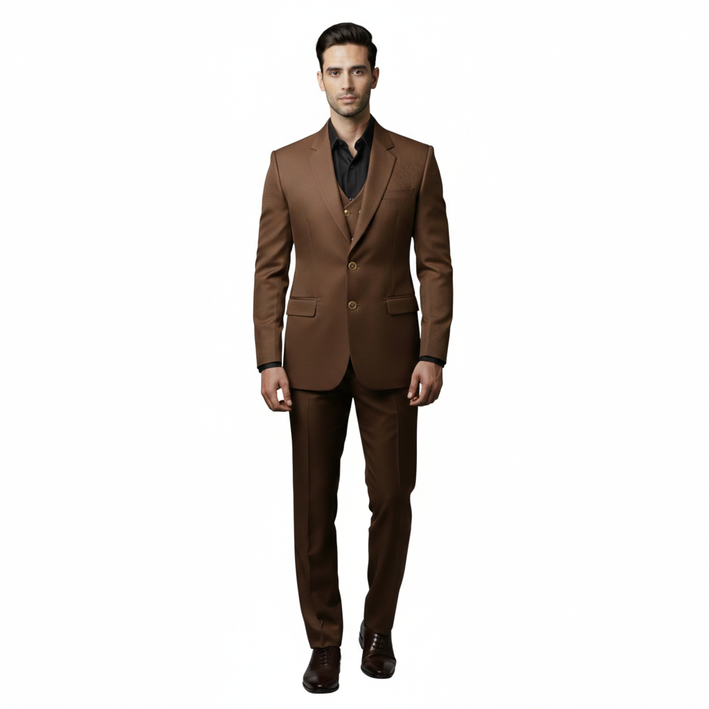 Men’s Elite Hand-Crafted Urban Minimalist Tobacco Brown 3-Piece Formal Suit.
