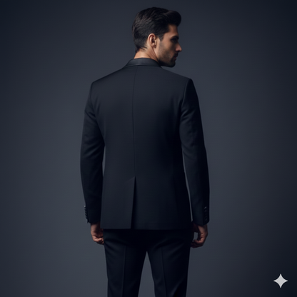 Men's Luxury Jet Black 3-Piece Tuxedo with Embroidered Shoulder and Satin Shawl Lapel