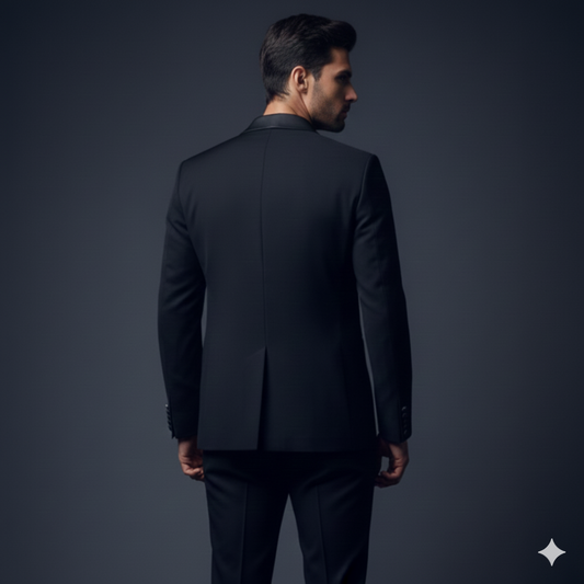 Men's Luxury Jet Black 3-Piece Tuxedo with Embroidered Shoulder and Satin Shawl Lapel