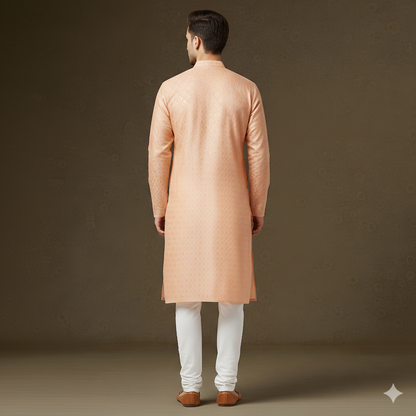Men's Peach Shimmering Sequin Embroidered Silk Blend Kurta