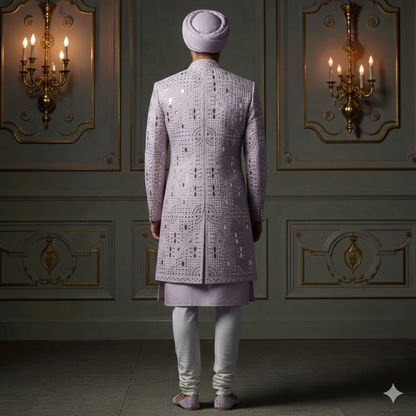 Men’s Elite Hand-Crafted Lavender Frost Mirror-Work Heritage Sherwani.