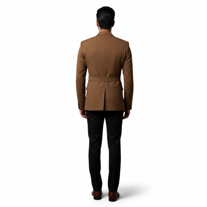 Men’s Elite Hand-Crafted Urban Safari Tobacco Brown Belted Statement Blazer.