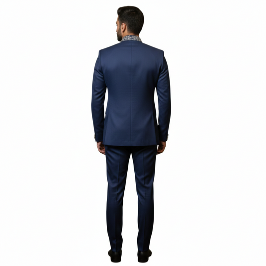 Bespoke Sovereign Bandhgala Suit with Hand-Embroidered Silver Celestial Crest — Deep Navy Blue