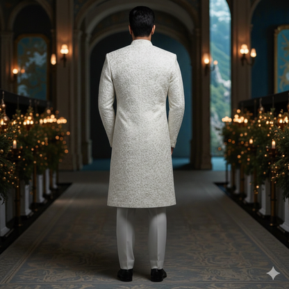 Men’s Elite Hand-Crafted Beige Layered Architectural Heritage Luxury Sherwani.