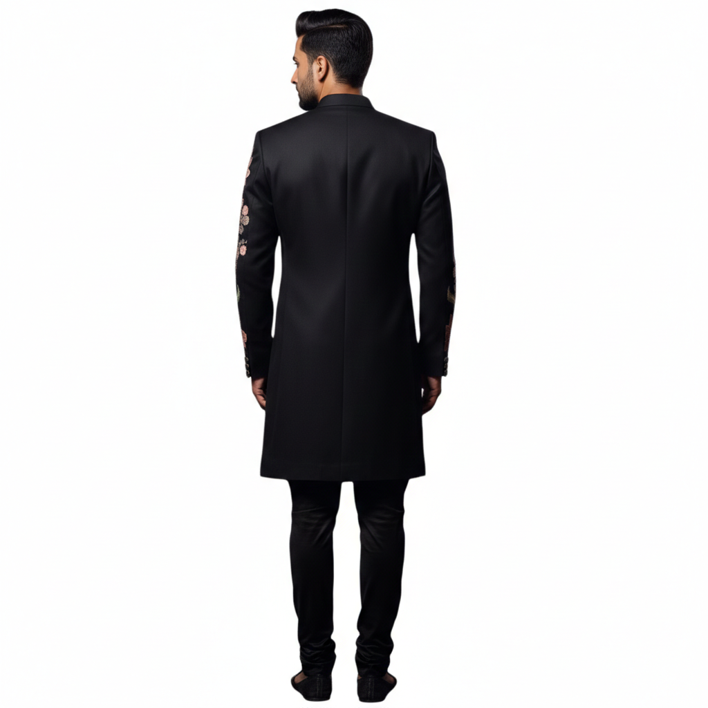 The Estate Midnight Botanist Indo-Western Bandhgala — Jet Black