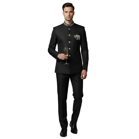 Bespoke Imperial Heritage Bandhgala Suit with Hand-Embroidered Silver Elephant Crest — Jet Black