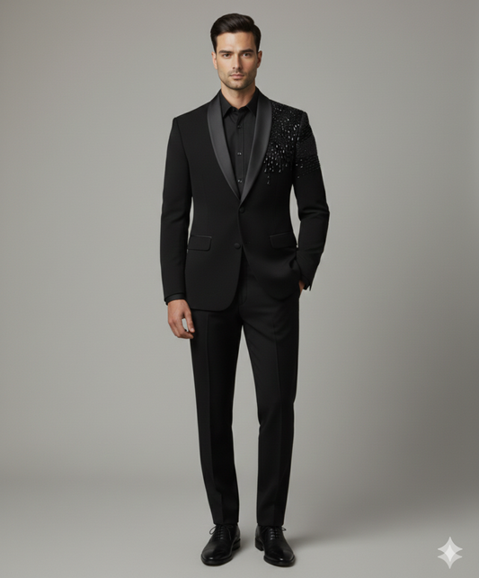 Men’s Obsidian Jet Black with High-Gloss Black Beaded Embroidery 2-Piece Beaded Tuxedo.