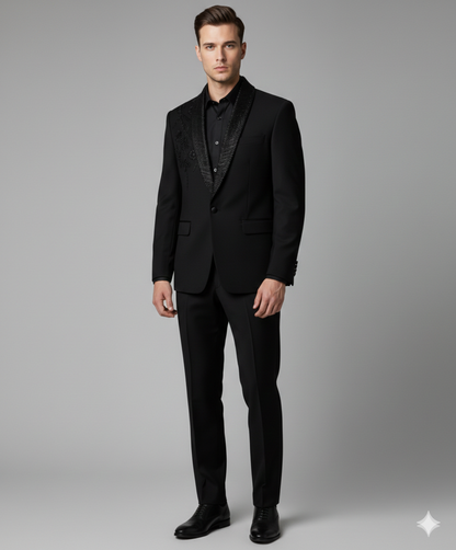 Men’s Obsidian Jet Black with Tonal Beaded Embroidery "Shadow Stitch" 2-Piece Slim-Fit Tuxedo