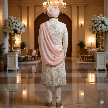 Men’s Elite Hand-Crafted Ivory & Blush Heritage Botanical Luxury Sherwani.