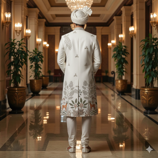 Men’s Elite Hand-Crafted Ivory Royal Wilderness Heritage Embroidered Luxury Sherwani.
