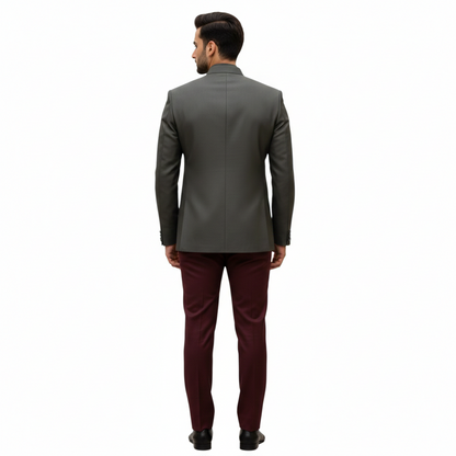 Bespoke Contemporary Fusion Bandhgala Suit with Abstract Multi-Tonal Appliqué Art — Olive Green and Maroon