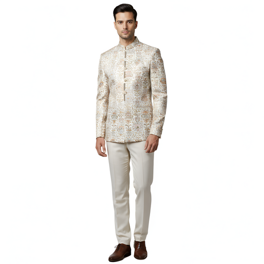 Bespoke Imperial Heritage Bandhgala Suit with All-Over Multi-Tonal Floral Brocade - Beige and Gold