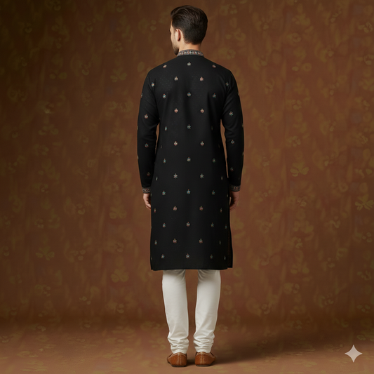 The Obsidian Midnight Royale: Artisan Floral-Embroidered & Textured Indo-Western Fusion Ensemble in Jet Black