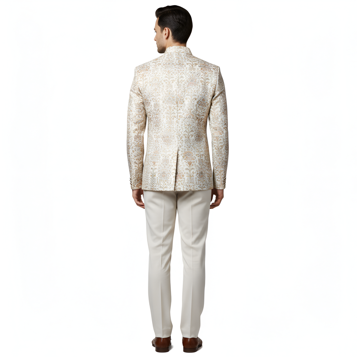 Bespoke Imperial Heritage Bandhgala Suit with All-Over Multi-Tonal Floral Brocade - Beige and Gold