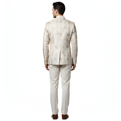 Bespoke Imperial Heritage Bandhgala Suit with All-Over Multi-Tonal Floral Brocade - Beige and Gold