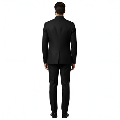 Bespoke Midnight Noir Bandhgala Suit with Hand-Applied Tonal Sequin Embroidery - Jet Black