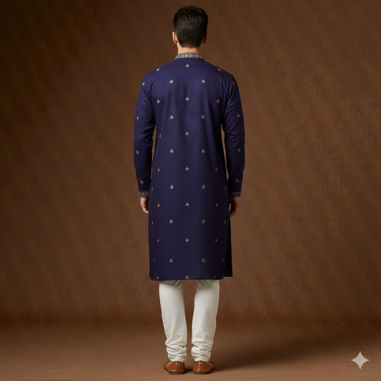 The Regal Navy Heritage: Artisan Architectural Border & Star-Dust Sequin Designer Kurta Ensemble