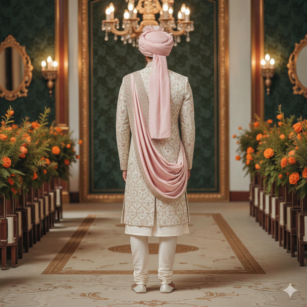 Men’s Elite Hand-Crafted Ivory & Rose Petal Heritage Floral Luxury Sherwani.