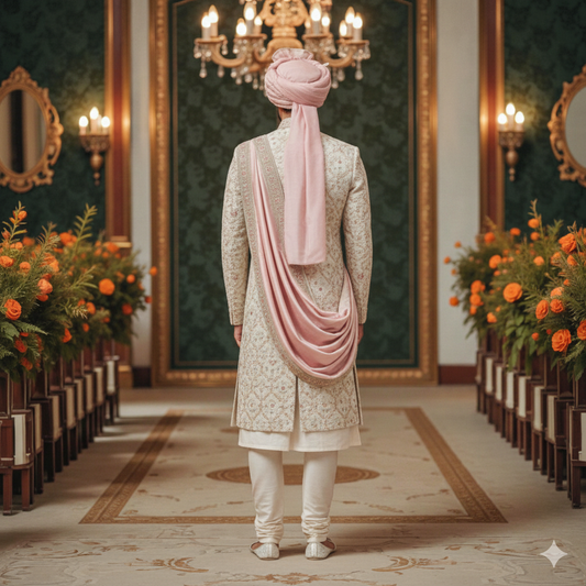 Men’s Elite Hand-Crafted Ivory & Rose Petal Heritage Floral Luxury Sherwani.