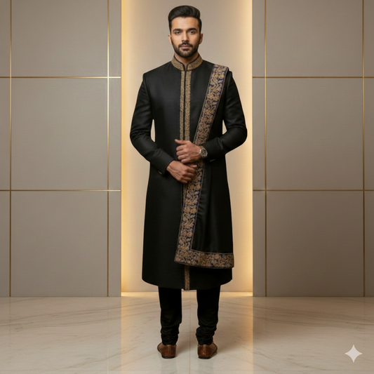 Men's Premium Dark shine Gray Indo-Western Set – Designer Hand-Embroidered Fusion Wear
