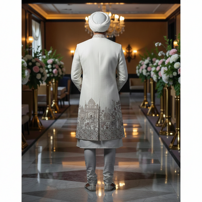 Men’s Elite Hand-Crafted Ivory Heritage Wildlife & Palace Scene Luxury Sherwani.