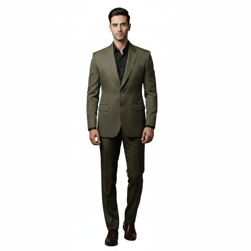Men’s Elite Hand-Crafted Urban Minimalist Olive Green 2-Piece Formal Statement Suit.