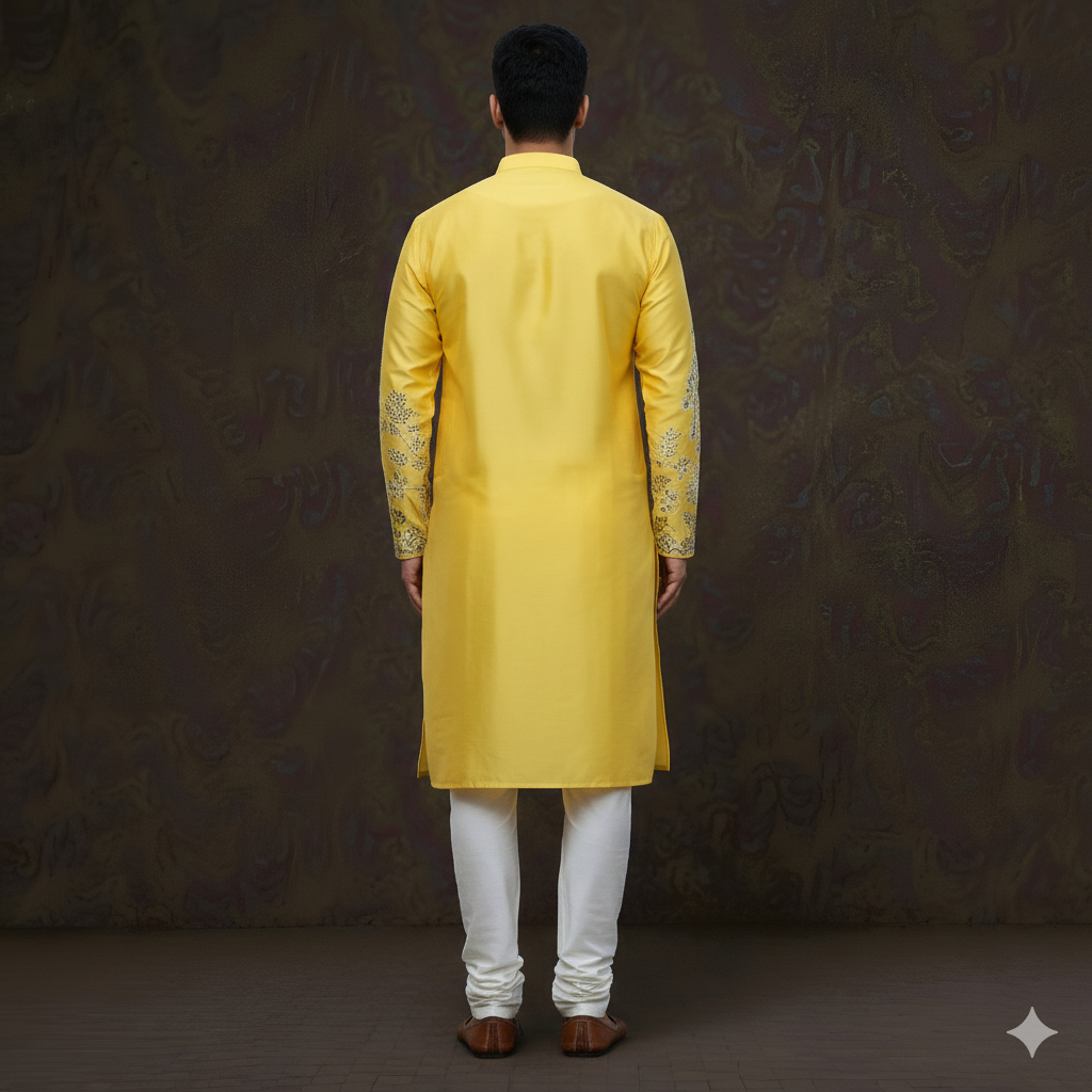 Men's Vibrant Yellow Silk Kurta with Heritage Peacock Motif Embroidery