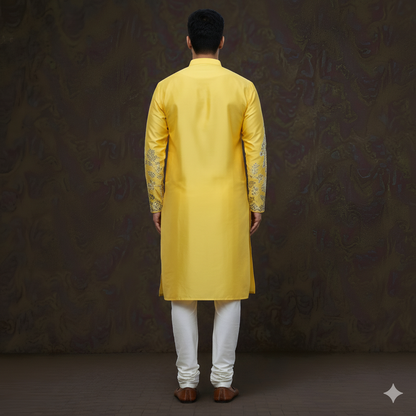 Men's Vibrant Yellow Silk Kurta with Heritage Peacock Motif Embroidery