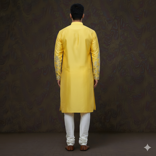 Men's Vibrant Yellow Silk Kurta with Heritage Peacock Motif Embroidery
