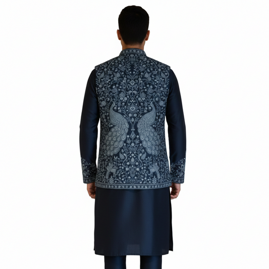 The Estate Midnight Azure Floral Indo-Western Koti Set — Navy Blue