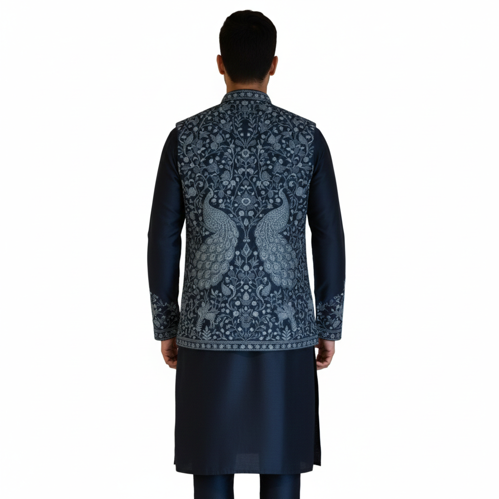 The Estate Midnight Teal Peacock Indo-Western Koti Set — Navy Blue