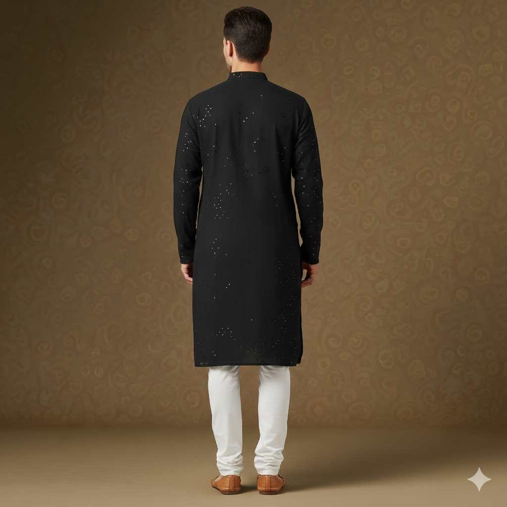 Men's Jet Black Intricate Sequin Embroidered Silk Blend Kurta