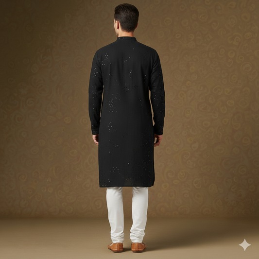 Men's Jet Black Intricate Sequin Embroidered Silk Blend Kurta