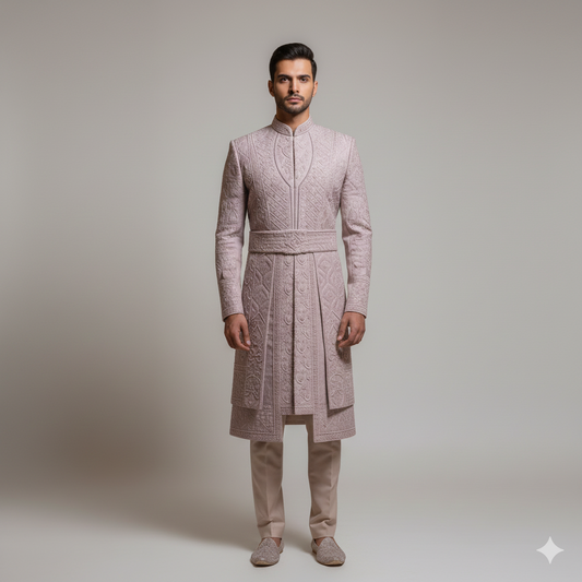 The Royal Blush: Intricately Hand-Embroidered Rose-Gold Indowestern Sherwani