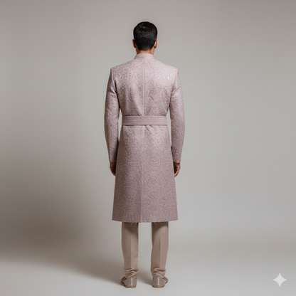 The Royal Blush: Intricately Hand-Embroidered Rose-Gold Indowestern Sherwani