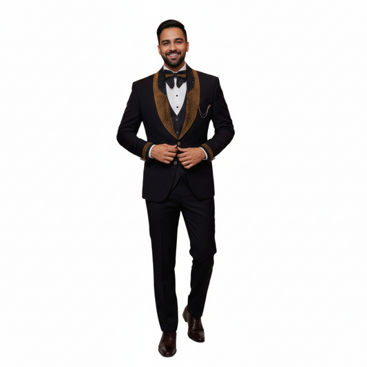 Men’s Elite Hand-Crafted Gilded Heritage Black & Gold 3-Piece Designer Statement Tuxedo.