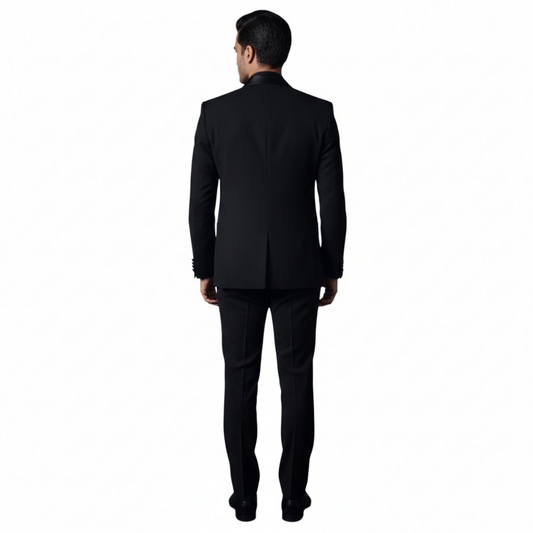 Men’s Jet Black with Silver-Grey Metallic Embroidery 3-Piece Slim-Fit Tuxedo