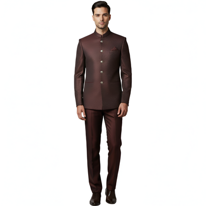 Bespoke Artisan-Textured Jodhpuri Suit with Luminous Micro-Grain Finish — Rich Mahogany