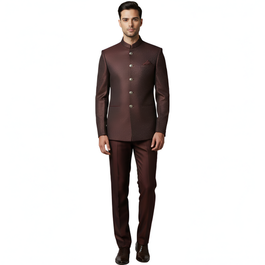 Bespoke Artisan-Textured Jodhpuri Suit with Luminous Micro-Grain Finish — Rich Mahogany