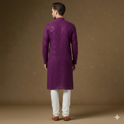 Men's Deep Purple Sequin Embroidered Silk Blend Festive Kurta