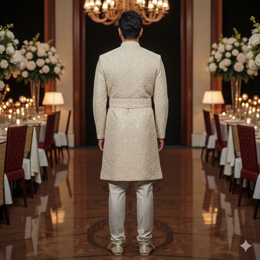 Men’s Elite Hand-Crafted Beige Majestic Procession Heritage Luxury Sherwani.