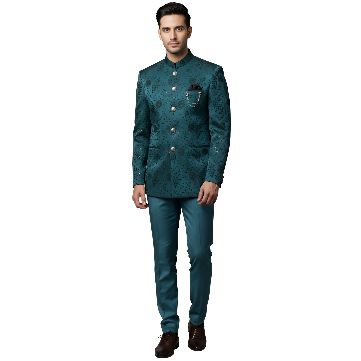 Bespoke Artisan-Embroidered Imperial Bandhgala Suit with Midnight Botanical Vines — Teal Blue
