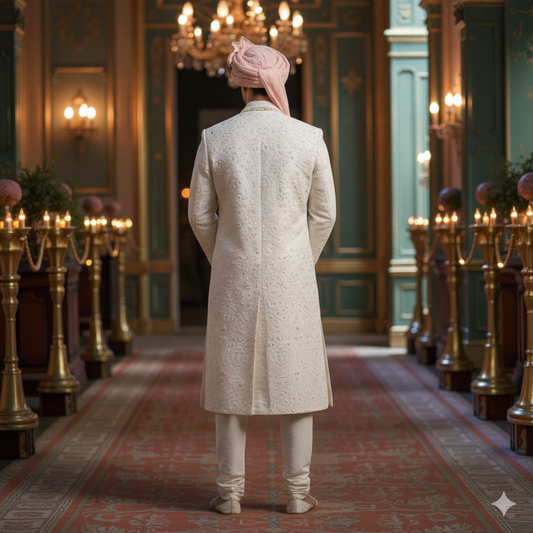 Men’s Elite Hand-Crafted Ivory Majestic Palace Heritage Luxury Sherwani.