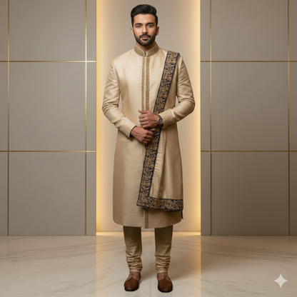 Men's Premium Off-white / light beige Indo-Western Set – Designer Hand-Embroidered Fusion Wear