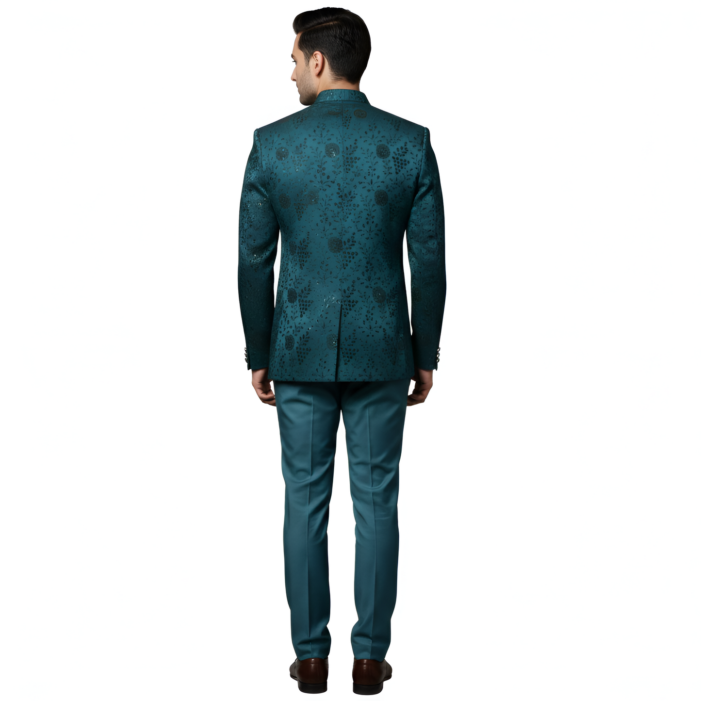 Bespoke Artisan-Embroidered Imperial Bandhgala Suit with Midnight Botanical Vines — Teal Blue