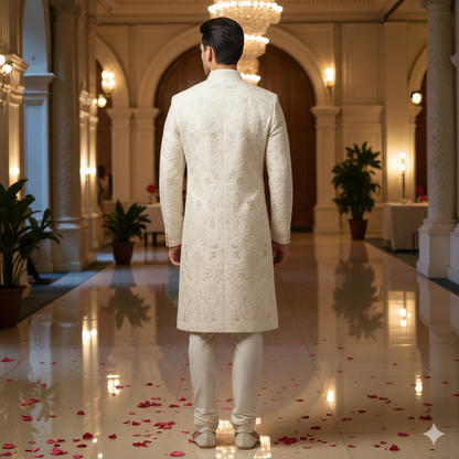 Men’s Elite Hand-Crafted Ivory Heritage Peacock & Nature-Embroidered Luxury Wedding Sherwani.