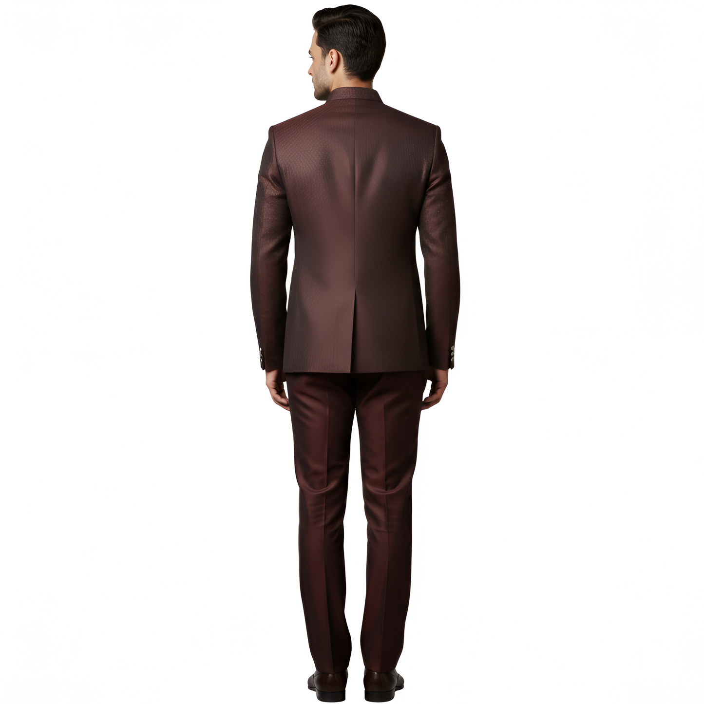 Bespoke Artisan-Textured Jodhpuri Suit with Luminous Micro-Grain Finish — Rich Mahogany