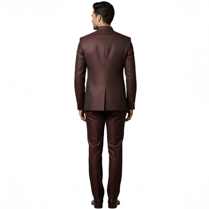 Bespoke Artisan-Textured Jodhpuri Suit with Luminous Micro-Grain Finish — Rich Mahogany
